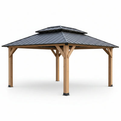 12' X 16' Wooden Gazebo,Patio Hardtop Gazebo Wood,Diy Color Permanent Pavilion with Galvanized Steel Double Metal Roof for Backyard, Deck(Windproof, Snow-Load Bearing, Waterproof, Rustproof)