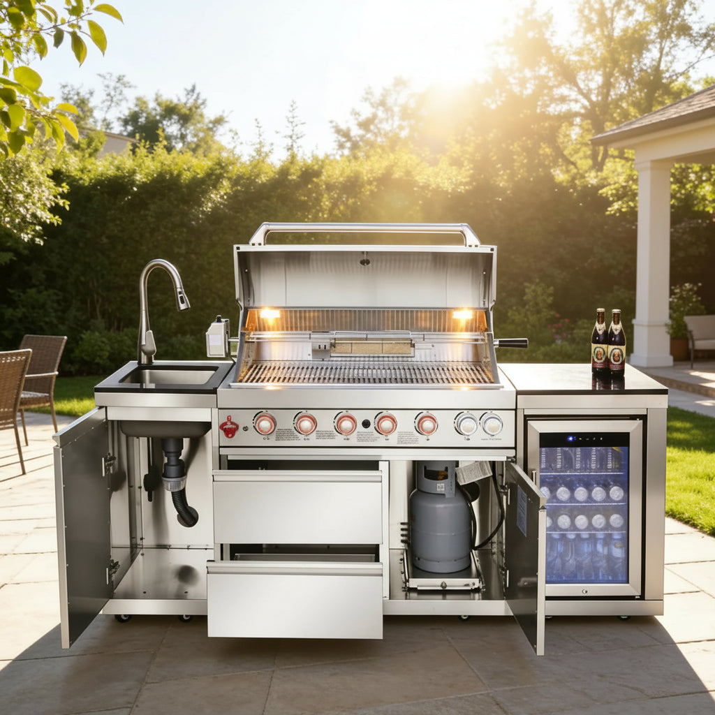 82-Inch 6-Burner Gas Grill 85,000 BTU Outdoor Kitchen Barbecue, Stainless Steel Grill Island with Sink, Storage Cabinets, and Wine Refrigerator,Backyard, Patio, Lawn, Silver (Silver, 82.4")