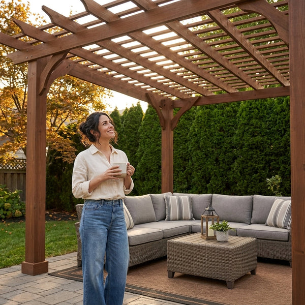 Cedar Wood Pergola Kit Built for Backyard Entertaining, 10x12 Solid Structure, Slatted Trellis Roof Design