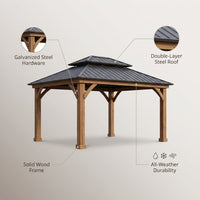 10' X 12' Wooden Gazebo,Patio Hardtop Gazebo Wood,Diy Color Permanent Pavilion with Galvanized Steel Double Metal Roof for Backyard, Deck(Windproof, Snow-Load Bearing, Waterproof, Rustproof) — infographic
