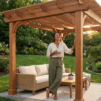 12X16 FT All Cedar Wood Wooden Pergola, Pergola Kit with Stakes, Quality Wood Supported Structure, Snow and Wind Supported, Outdoor Garden Shelter with Cedar Framed for Backyard, Deck, Lawn — Lifestyle