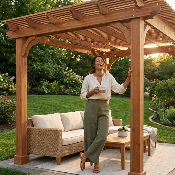 Cedar Wood Pergola Kit Built for Weather Resistance, 12x16 FT, Metal Stakes, Outdoor Garden Shelter