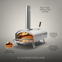 16 Inch Outdoor Pizza Oven – Portable Outdoor Pizza Maker for Backyard, Camping, or Tailgating – Stainless Steel Multi-Fuel Oven with Pizza Stone & Accessories — infographic