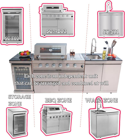 Modular Outdoor Kitchen BBQ Island, 104" Outdoor Kitchen Propane Gas Island Grill with Sink, Compact Refrigerator, Storage Cabinets, Rotisserie Kit (Silver, 104")