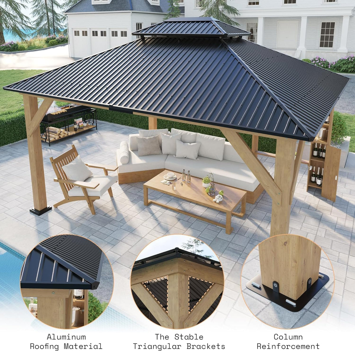 13X15Ft Spruce Wood Hardtop Carport with Storage Bar