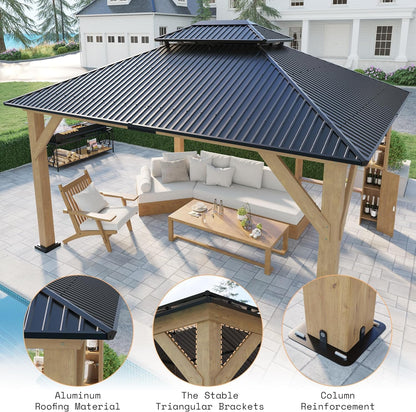 13X15Ft Spruce Wood Hardtop Carport with Storage Bar