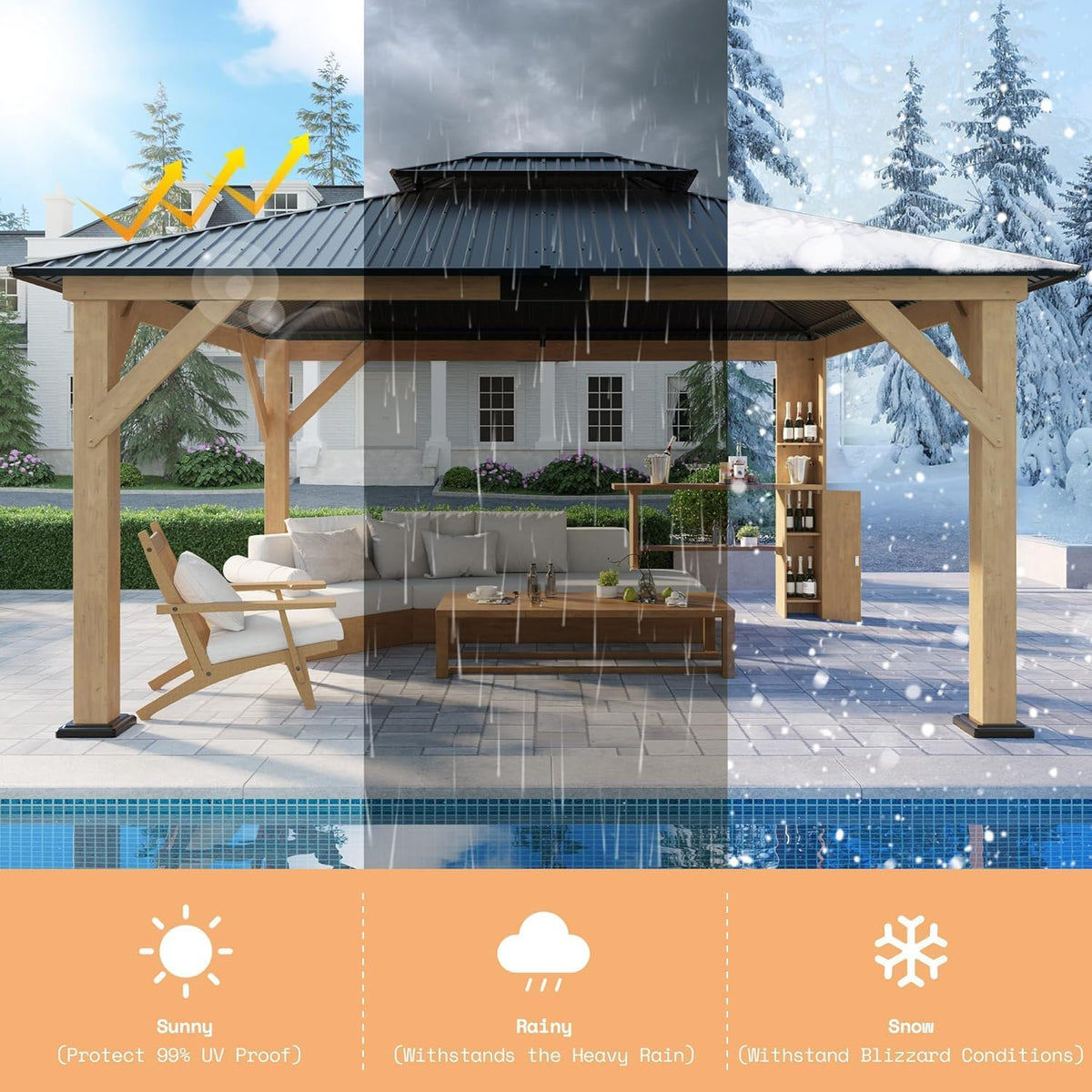 13X15Ft Spruce Wood Hardtop Carport with Storage Bar