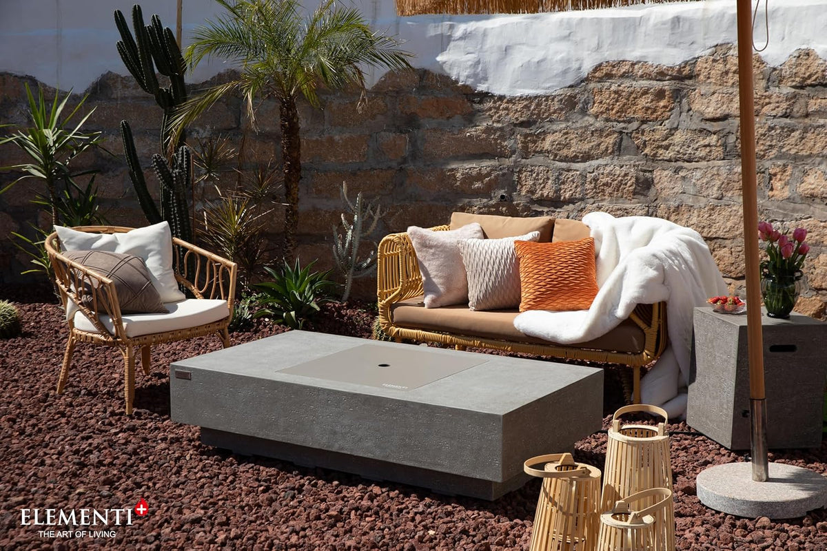 Elementi+ | Bundle Monte Carlo Gas Fire Pit Cast Concrete 60" Rectangular Fire Table | Electronic Ignition | Canvas Cover, Fire Glass and Burner Lid Included | Light Gray | Natural Gas