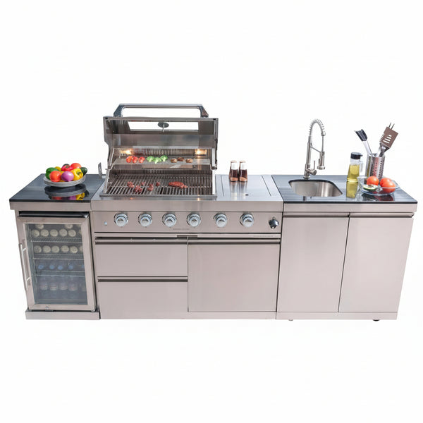 Modular Outdoor Kitchen BBQ Island, 104" Outdoor Kitchen Propane Gas Island Grill with Sink, Compact Refrigerator, Storage Cabinets, Rotisserie Kit (Silver, 104")