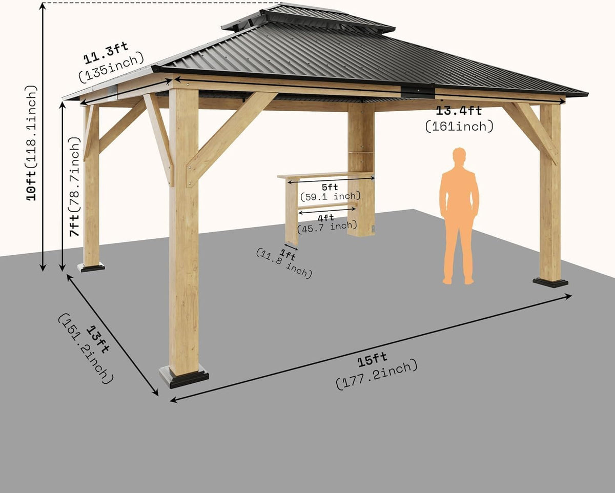 13X15Ft Spruce Wood Hardtop Carport with Storage Bar