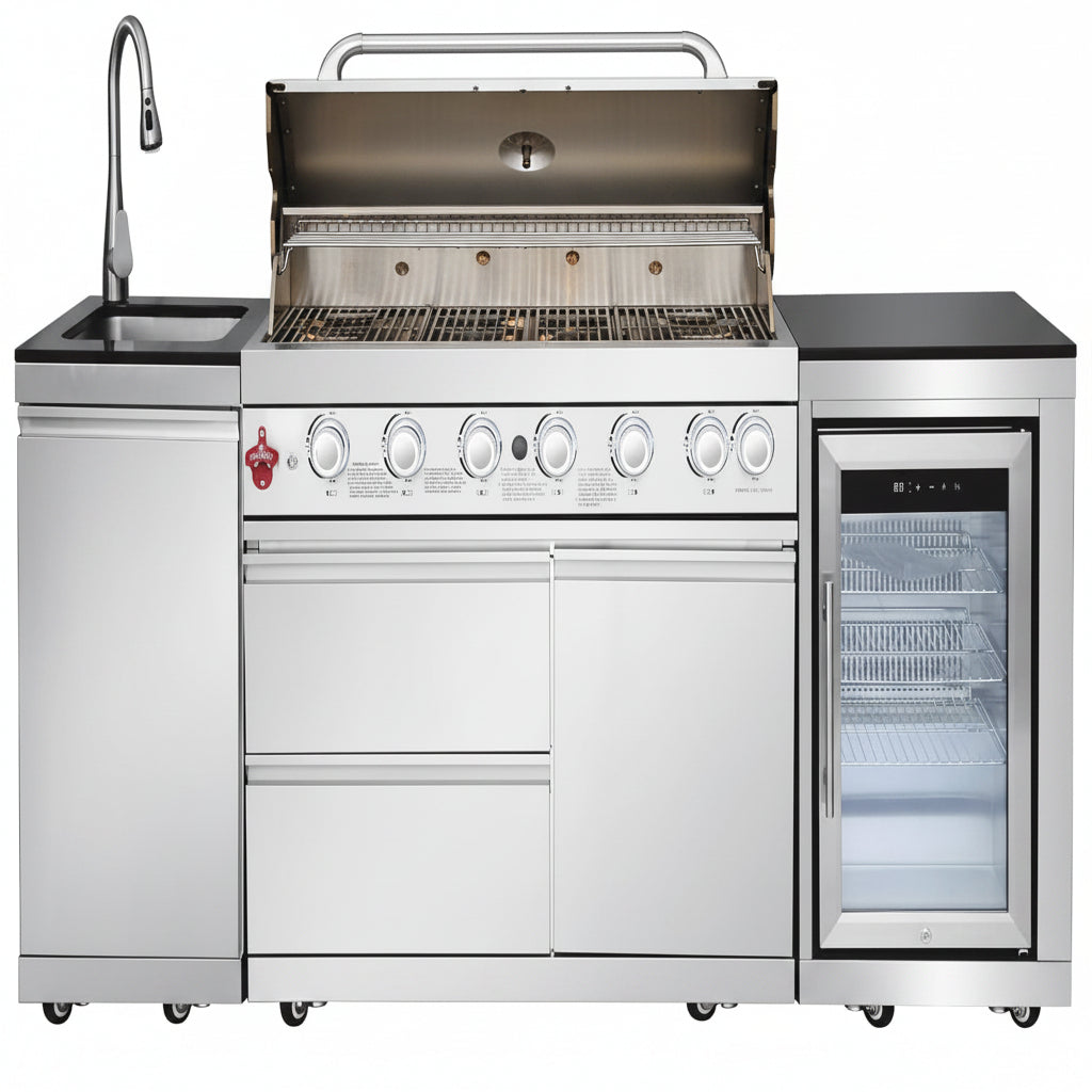 82-Inch 6-Burner Gas Grill 85,000 BTU Outdoor Kitchen Barbecue, Stainless Steel Grill Island with Sink, Storage Cabinets, and Wine Refrigerator,Backyard, Patio, Lawn, Silver (Silver, 82.4")