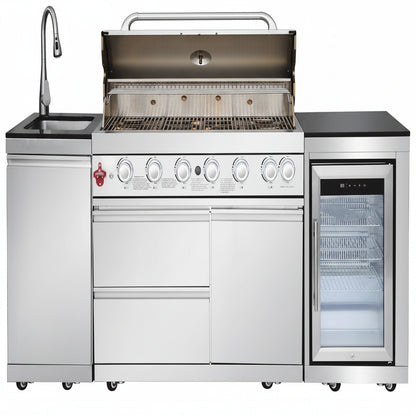 82-Inch 6-Burner Gas Grill 85,000 BTU Outdoor Kitchen Barbecue, Stainless Steel Grill Island with Sink, Storage Cabinets, and Wine Refrigerator,Backyard, Patio, Lawn, Silver (Silver, 82.4")