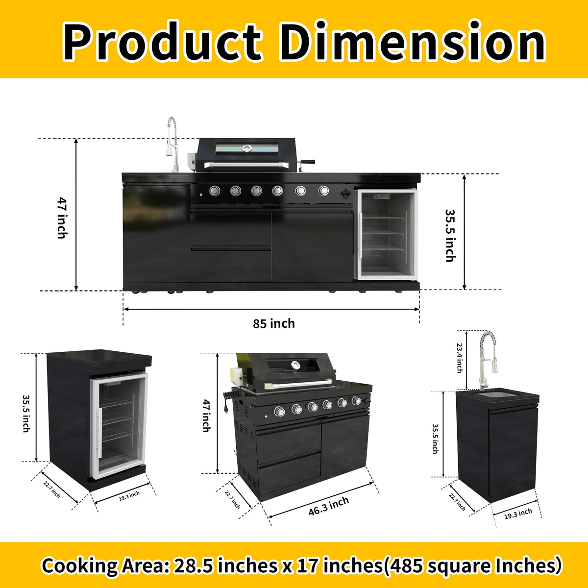 Outdoor Kitchen Island Black Stainless Steel with Sink & 46-Inch 4-Burner 72000 BTU Grill, Wine Cooler, Refrigerator, Rotisserie Kit & Granite Countertops