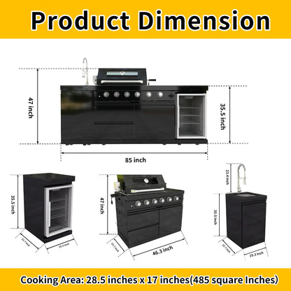 Outdoor Kitchen Island Black Stainless Steel with Sink & 46-Inch 4-Burner 72000 BTU Grill, Wine Cooler, Refrigerator, Rotisserie Kit & Granite Countertops