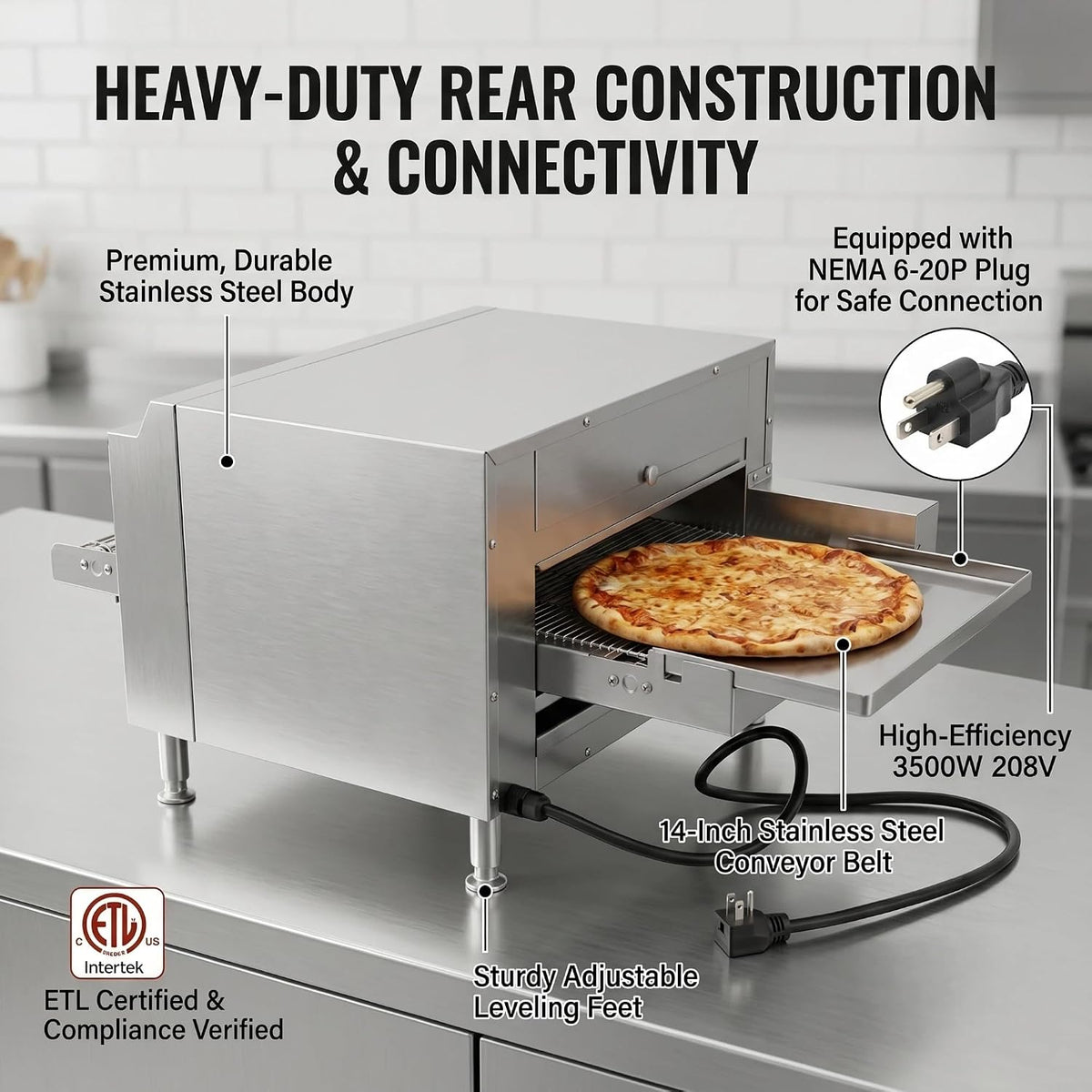 14″ Commercial Conveyor Pizza Oven, 3500W 208V Countertop Electric Oven with 14-Inch Belt, 6-20P Plug, for Fast Baking (60Hz)