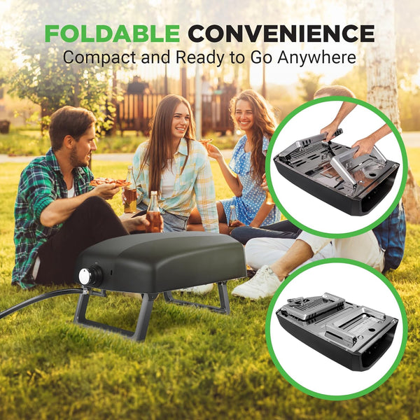 Portable Outdoor Gas Pizza Oven - Unique Design, Easy Bake Oven with Pizza Stone, Foldable Feet, One-Touch Gas Ignition, Adjustable Heat Control, Stainless Steel, 932°F Max