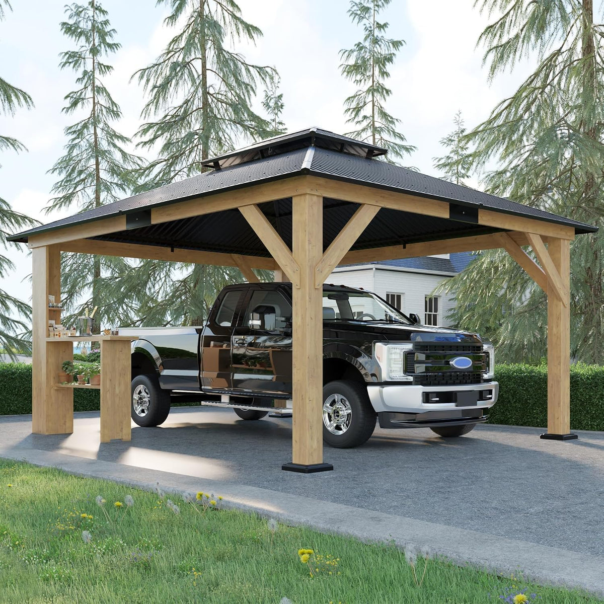 13X15Ft Spruce Wood Hardtop Carport with Storage Bar
