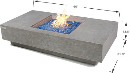 Elementi+ | Bundle Monte Carlo Gas Fire Pit Cast Concrete 60" Rectangular Fire Table | Electronic Ignition | Canvas Cover, Fire Glass and Burner Lid Included | Light Gray | Natural Gas
