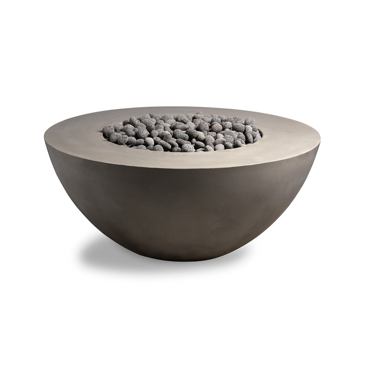 Concrete fire pit bowl with decorative stones on a white background