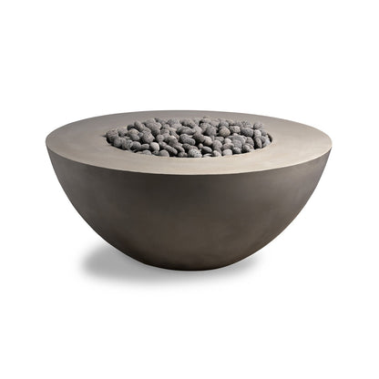 Concrete fire pit bowl with decorative stones on a white background