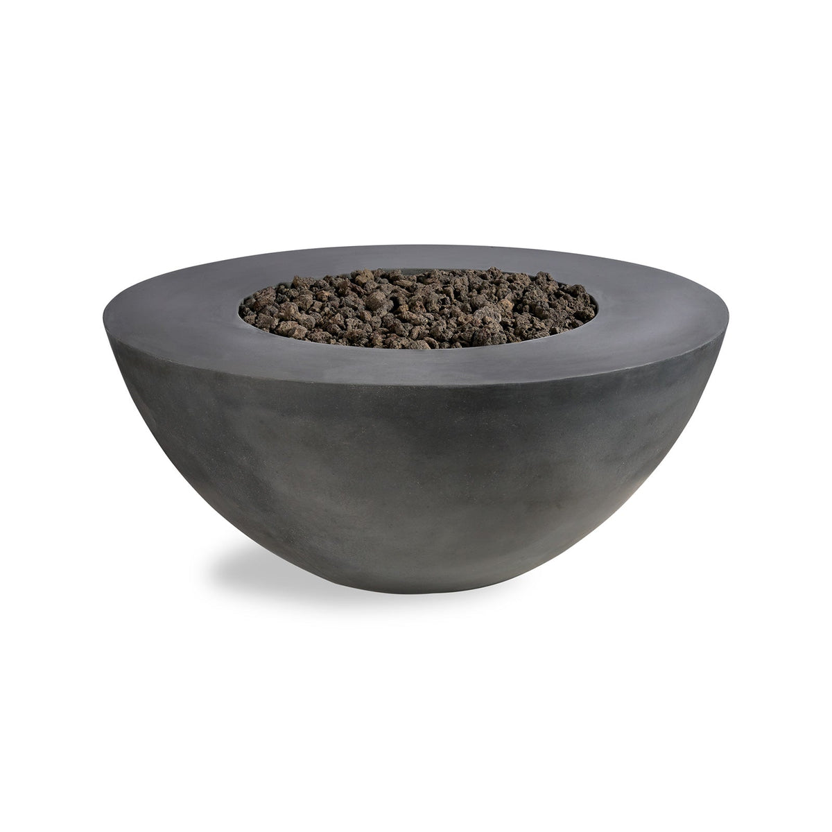Concrete fire pit bowl with dark rocks on a white background