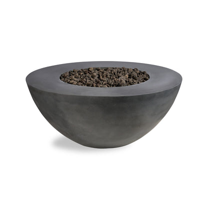 Concrete fire pit bowl with dark rocks on a white background
