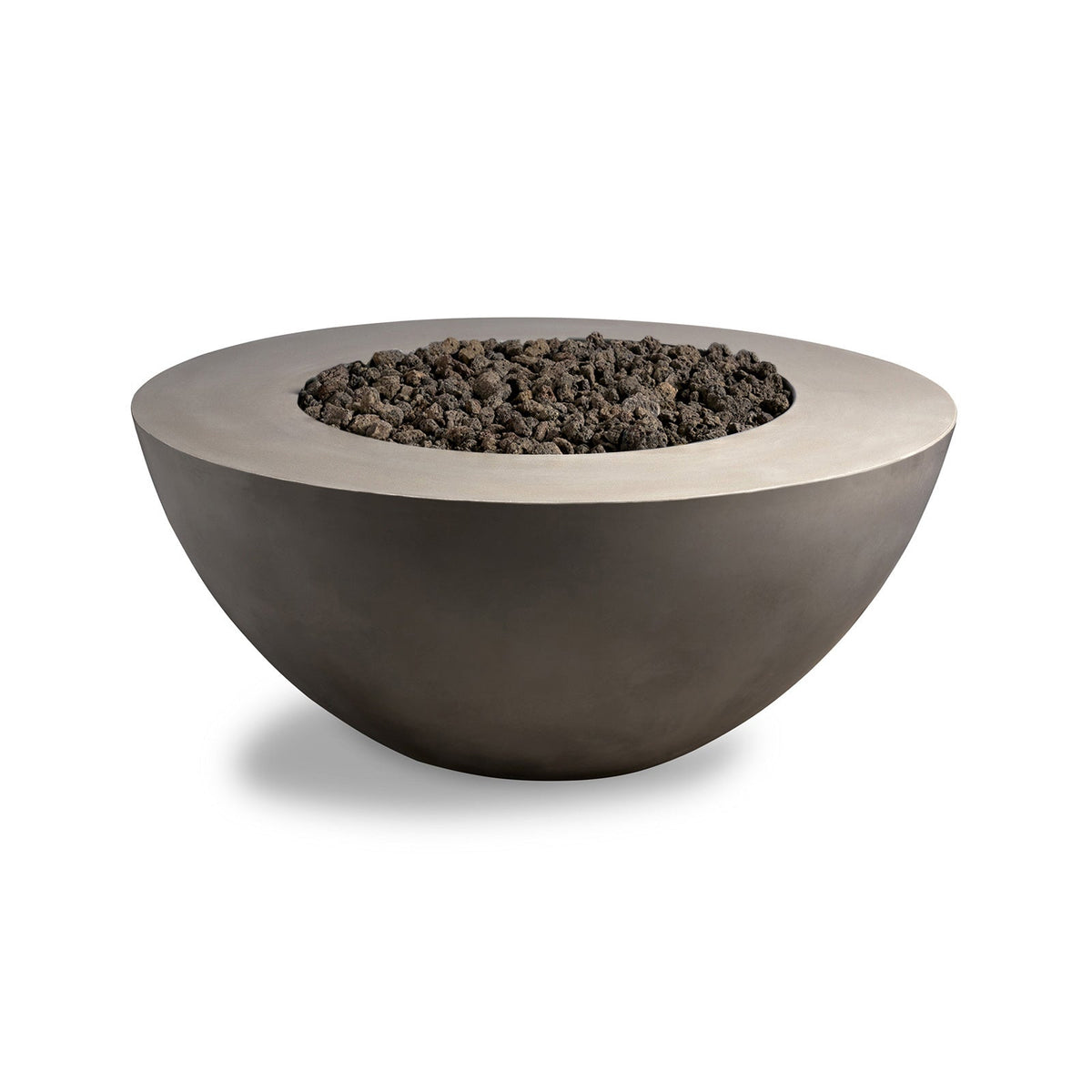 Concrete fire pit bowl with dark material on a white background