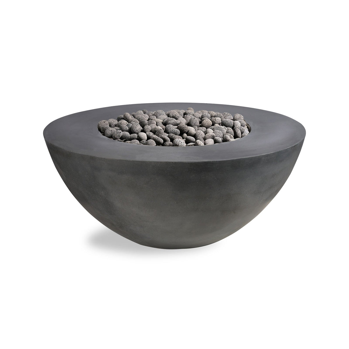 Concrete fire pit bowl with decorative stones on a white background