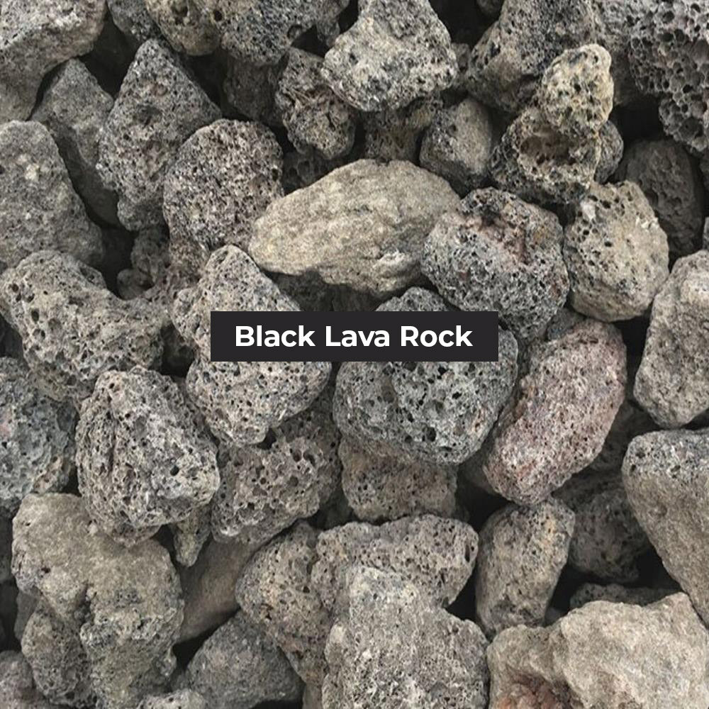 Close-up of black lava rock with a label indicating it is black lava rock.