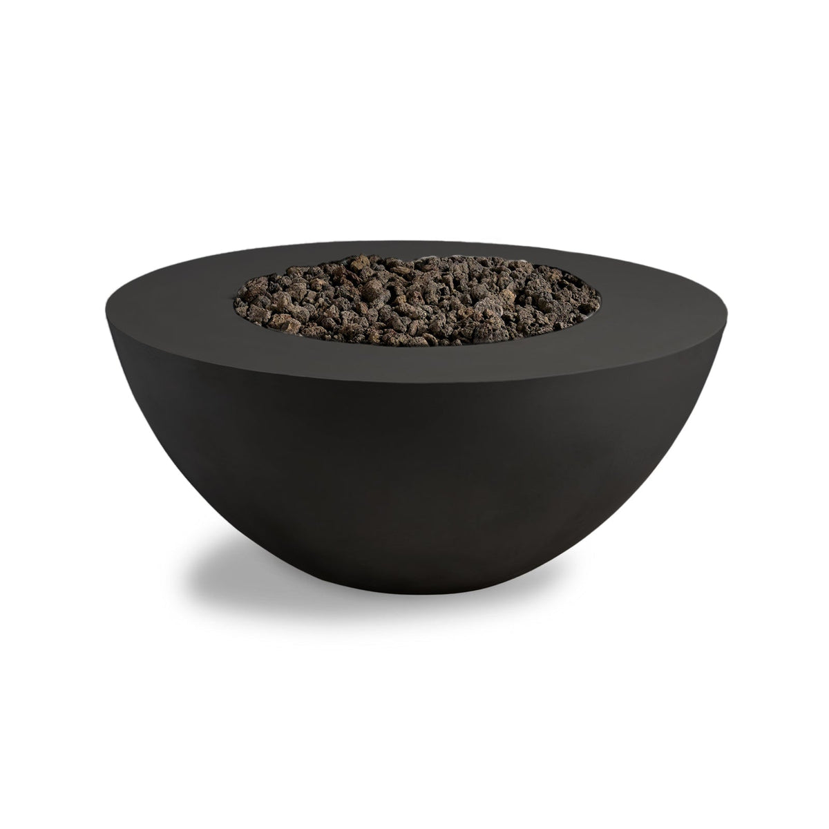 Black fire pit bowl with dark material on a white background