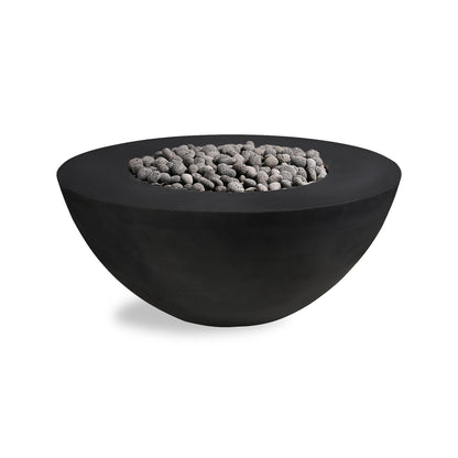 Black fire pit bowl with decorative stones on a white background