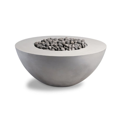 Concrete fire pit bowl with decorative stones on a white background