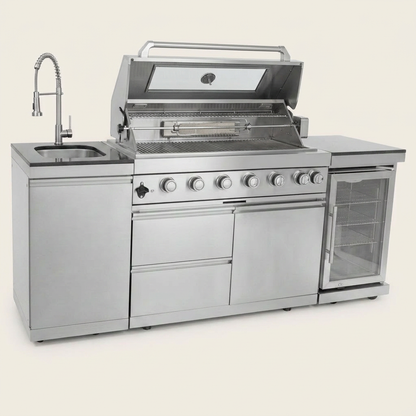 Outdoor Kitchen Island 85" 6-Burner 85000 BTU Deluxe Modular BBQ Island - Grill Islands W/Wine Cooler, Built in Combo outside Island + Rotisserie & Granite Top Outdoor Grill