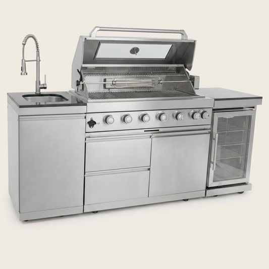 Outdoor Kitchen Island 85" 6-Burner 85000 BTU Deluxe Modular BBQ Island - Grill Islands W/Wine Cooler, Built in Combo outside Island + Rotisserie & Granite Top Outdoor Grill — Studio Shot