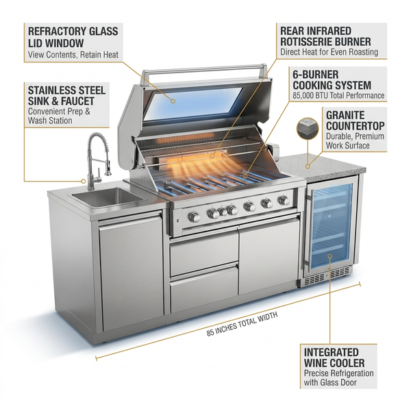 Outdoor Kitchen Island Built for Entertaining, 85 Inch 6-Burner Design, 85000 BTU Output, Wine Cooler