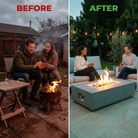 Rectangular Fire Pit Table Designed for Outdoor Entertainment, Concrete Construction, Ceramic Spheres, Multi-Function — Before & After