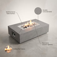 Rectangular Fire Pit Table Designed for Outdoor Entertainment, Concrete Construction, Ceramic Spheres, Multi-Function — infographic