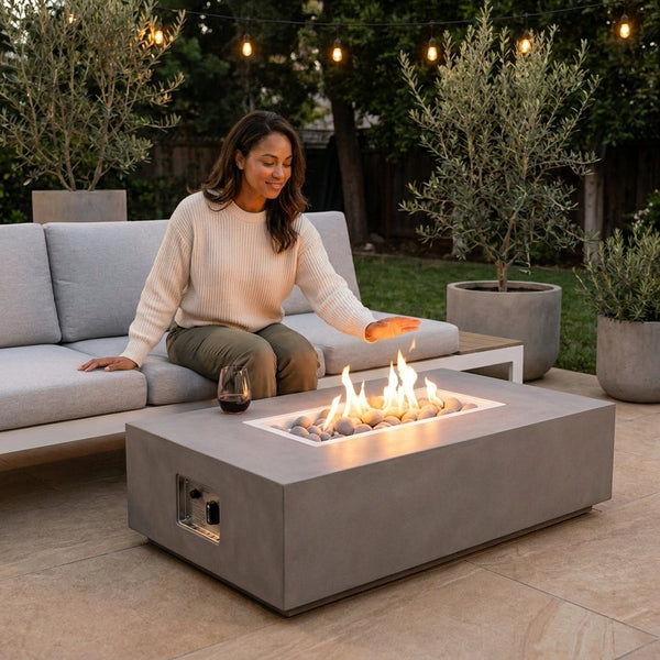 Concrete Fire Pit Table Designed for Outdoor Entertainment, Rectangular Shape, Ceramic Spheres, Multi-Function