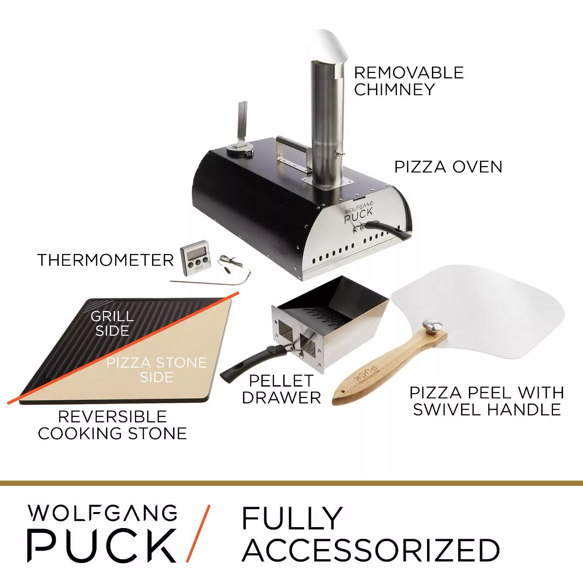 Wolfgang Puck Outdoor Pizza Oven, Durable Stainless Steel, Portable Pizza Oven, Compact Storage, Pellet Pizza Oven
