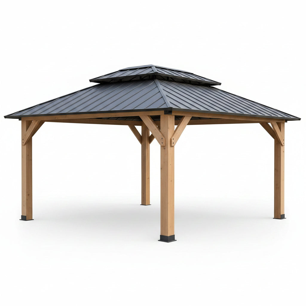 12' X 16' Wooden Gazebo,Patio Hardtop Gazebo Wood,Diy Color Permanent Pavilion with Galvanized Steel Double Metal Roof for Backyard, Deck(Windproof, Snow-Load Bearing, Waterproof, Rustproof)