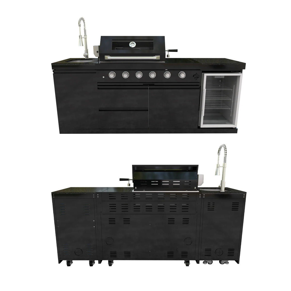 Outdoor Kitchen Island Black Stainless Steel with Sink & 46-Inch 4-Burner 72000 BTU Grill, Wine Cooler, Refrigerator, Rotisserie Kit & Granite Countertops