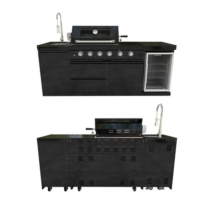 Outdoor Kitchen Island Black Stainless Steel with Sink & 46-Inch 4-Burner 72000 BTU Grill, Wine Cooler, Refrigerator, Rotisserie Kit & Granite Countertops