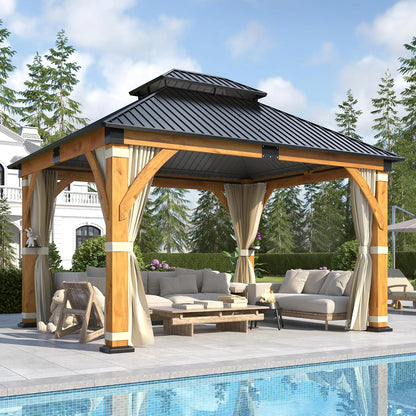 11’X 13’ Outdoor Spruce Wood Gazebo, Patio Hardtop Gazebo