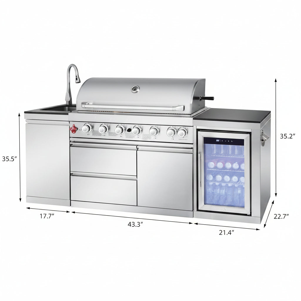 82-Inch 6-Burner Gas Grill 85,000 BTU Outdoor Kitchen Barbecue, Stainless Steel Grill Island with Sink, Storage Cabinets, and Wine Refrigerator,Backyard, Patio, Lawn, Silver (Silver, 82.4")