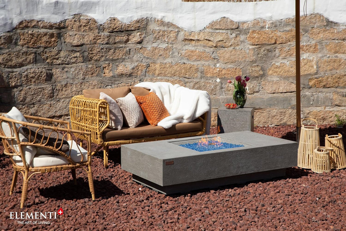 Elementi+ | Bundle Monte Carlo Gas Fire Pit Cast Concrete 60" Rectangular Fire Table | Electronic Ignition | Canvas Cover, Fire Glass and Burner Lid Included | Light Gray | Natural Gas