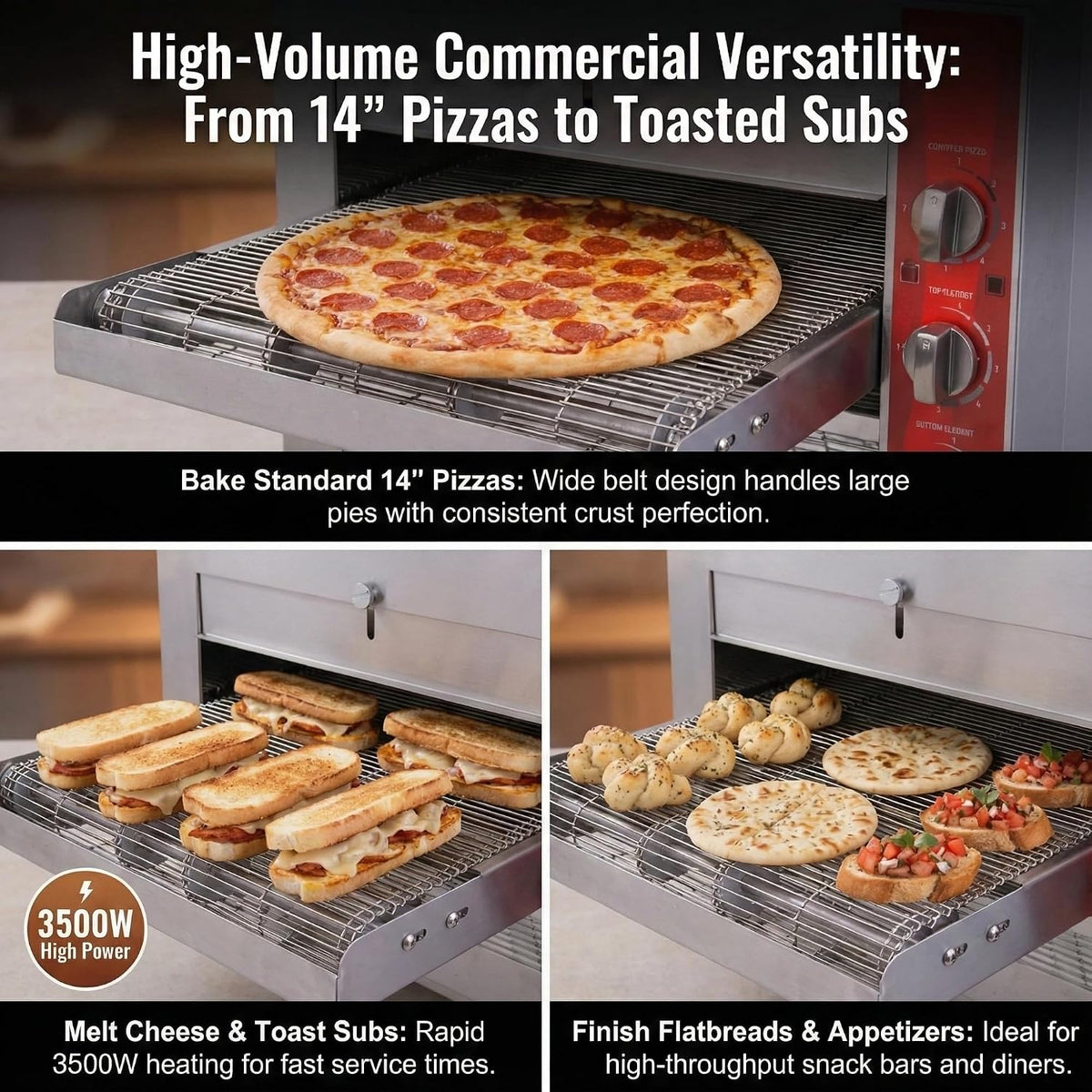 14″ Commercial Conveyor Pizza Oven, 3500W 208V Countertop Electric Oven with 14-Inch Belt, 6-20P Plug, for Fast Baking (60Hz)
