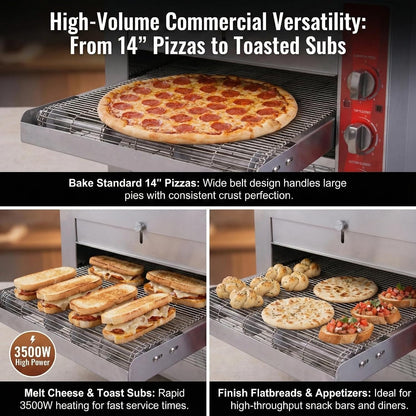 14″ Commercial Conveyor Pizza Oven, 3500W 208V Countertop Electric Oven with 14-Inch Belt, 6-20P Plug, for Fast Baking (60Hz)