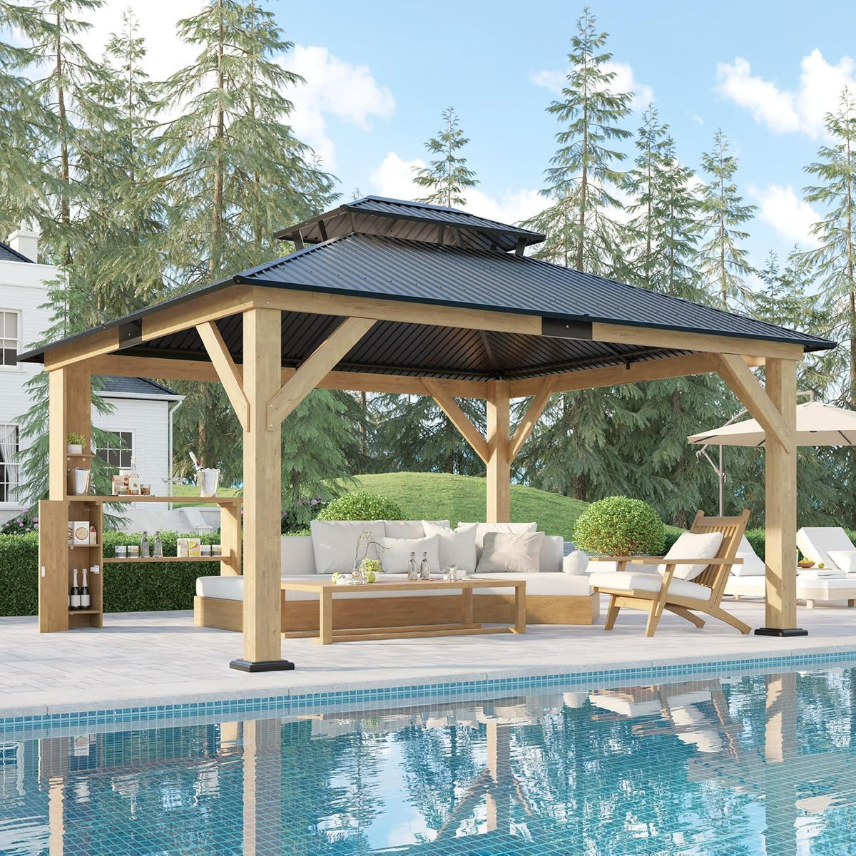 13X15Ft Spruce Wood Hardtop Carport with Storage Bar