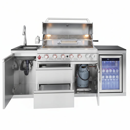 82-Inch 6-Burner Gas Grill 85,000 BTU Outdoor Kitchen Barbecue, Stainless Steel Grill Island with Sink, Storage Cabinets, and Wine Refrigerator,Backyard, Patio, Lawn, Silver (Silver, 82.4")