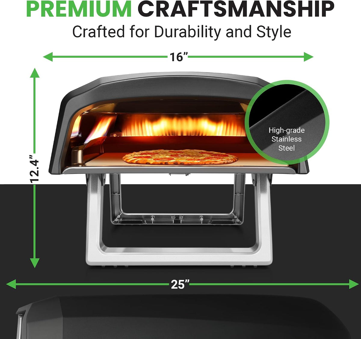 Portable Outdoor Gas Pizza Oven - Unique Design, Easy Bake Oven with Pizza Stone, Foldable Feet, One-Touch Gas Ignition, Adjustable Heat Control, Stainless Steel, 932°F Max
